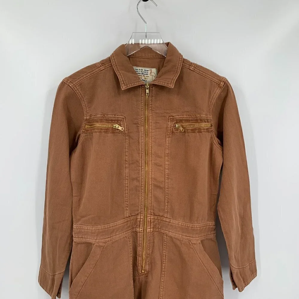 Sandrine Rose cotton linen jumpsuit zipper burnt brown coverall tan new X-Small